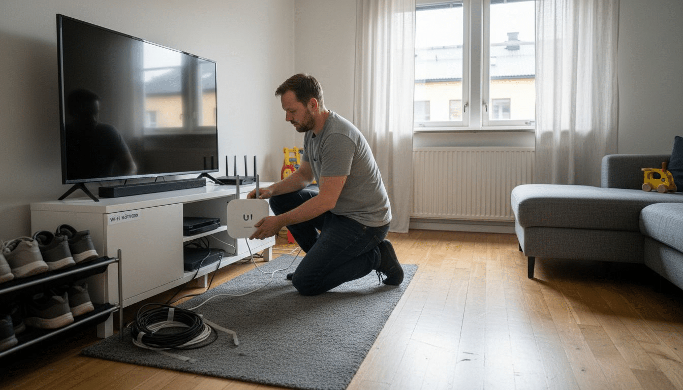 Man installerar nätverksutrustning hemma.
