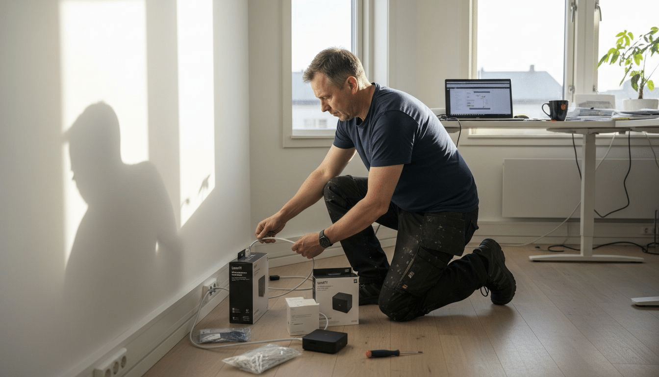 Man installerar teknik i rum
