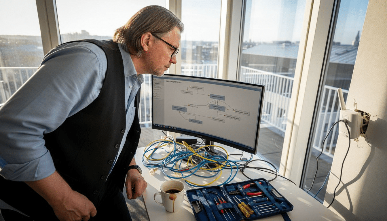 Man arbetar vid dator med verktyg.