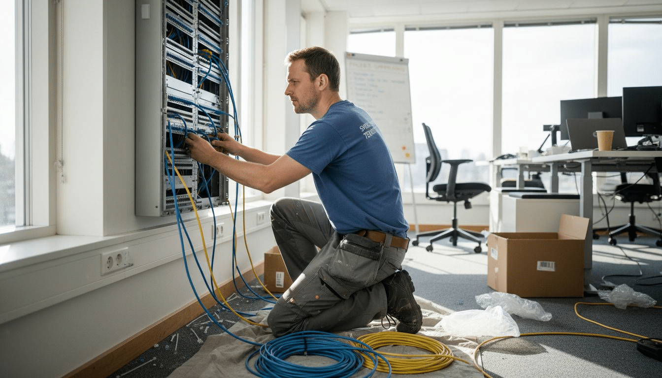 Man installerar nätverkskablar i kontor