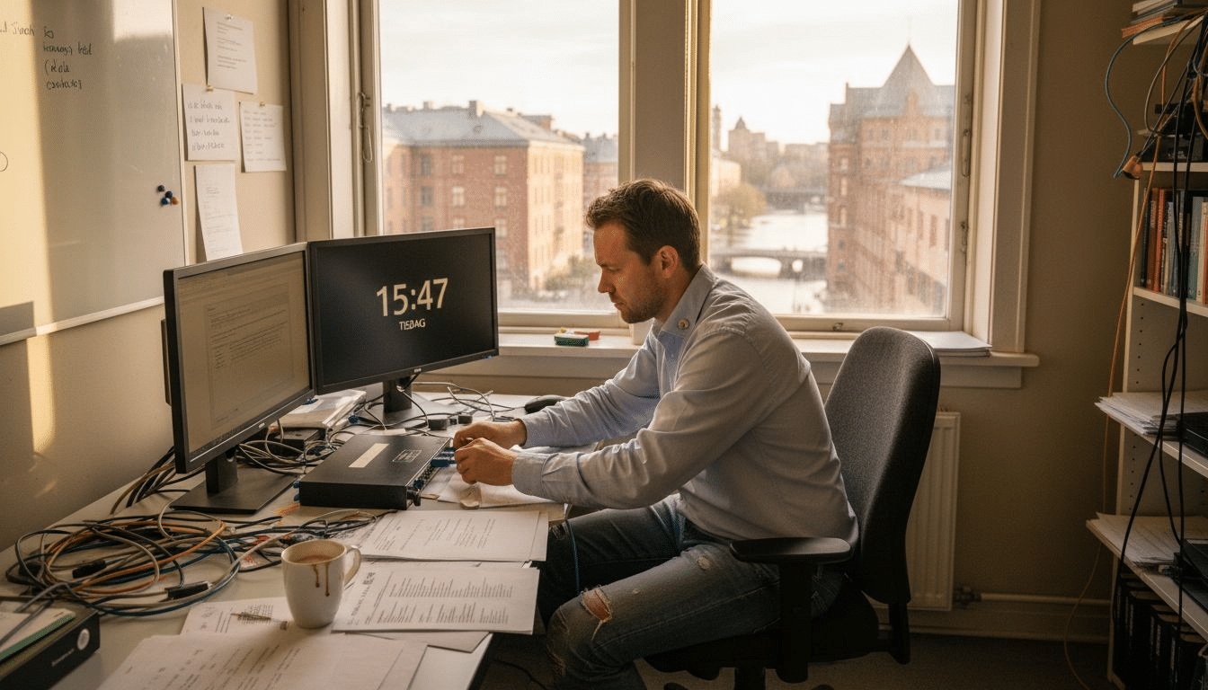 Man arbetar vid dator i kontor