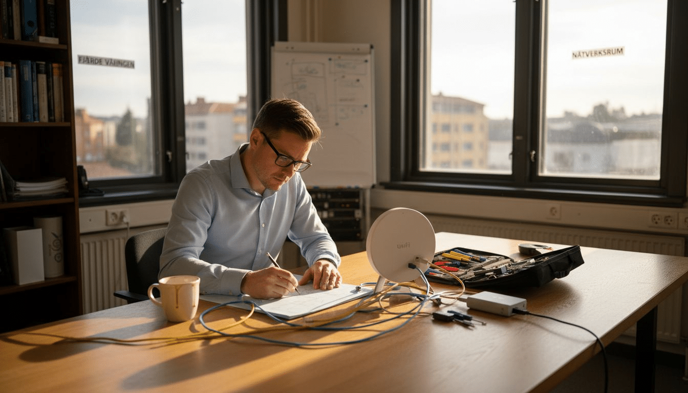 Man arbetar vid skrivbord i kontor