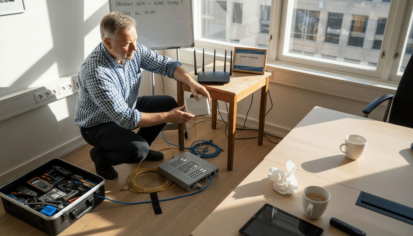 Man installerar nätverksutrustning på kontor