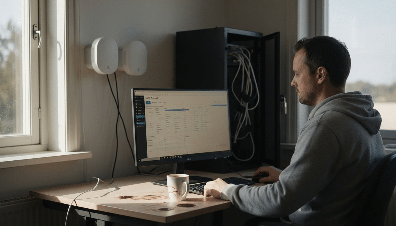 Man arbetar vid dator i kontor