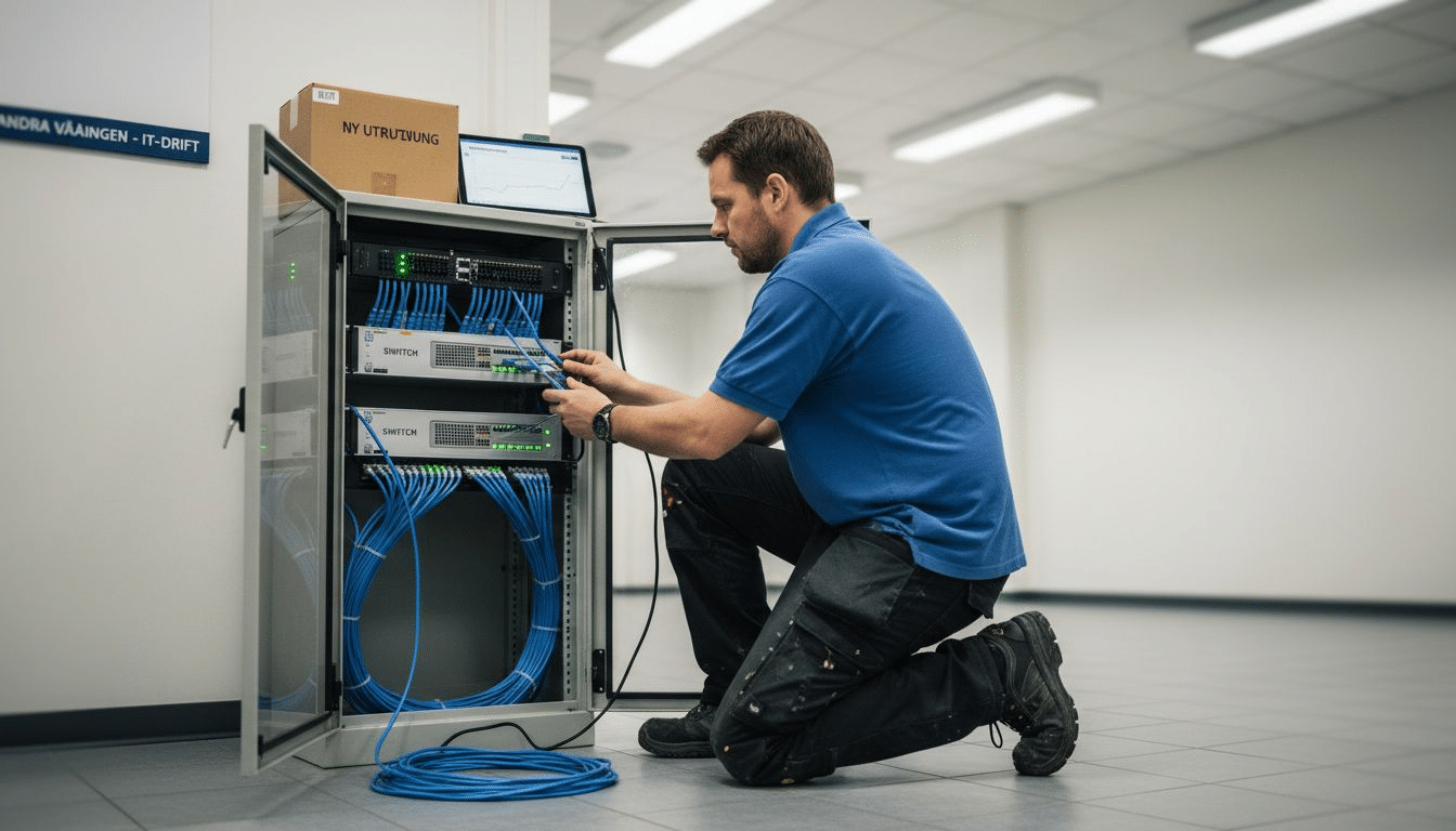 Man kopplar nätverkskablar i serverrack.