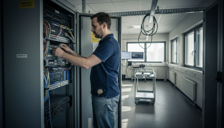 En IT-tekniker som ser över och snyggar till kablarna i ett nätverksrack.