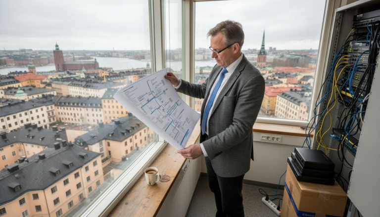 Fastighetsförvaltaren går igenom planeringen av byggnadens nätverk