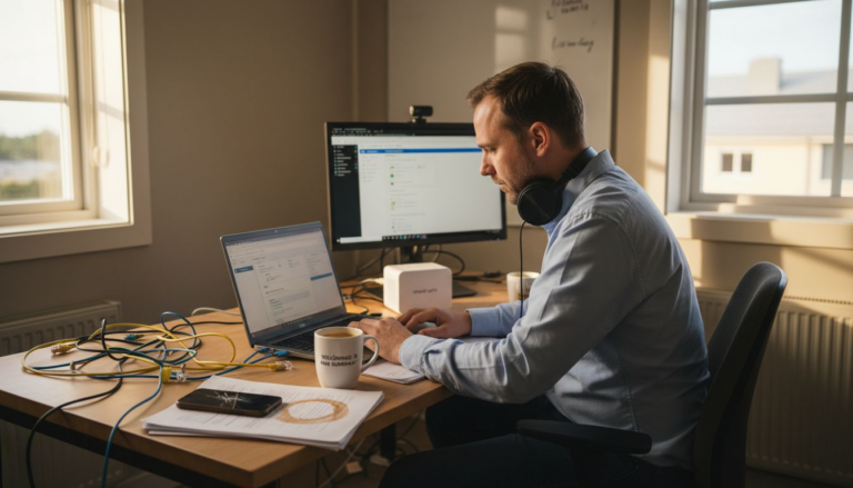 En man sitter på kontoret och ställer in nätverket med Unifi.