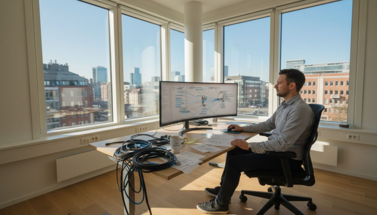 En IT-specialist analyserar nätverksstrukturen på kontoret.