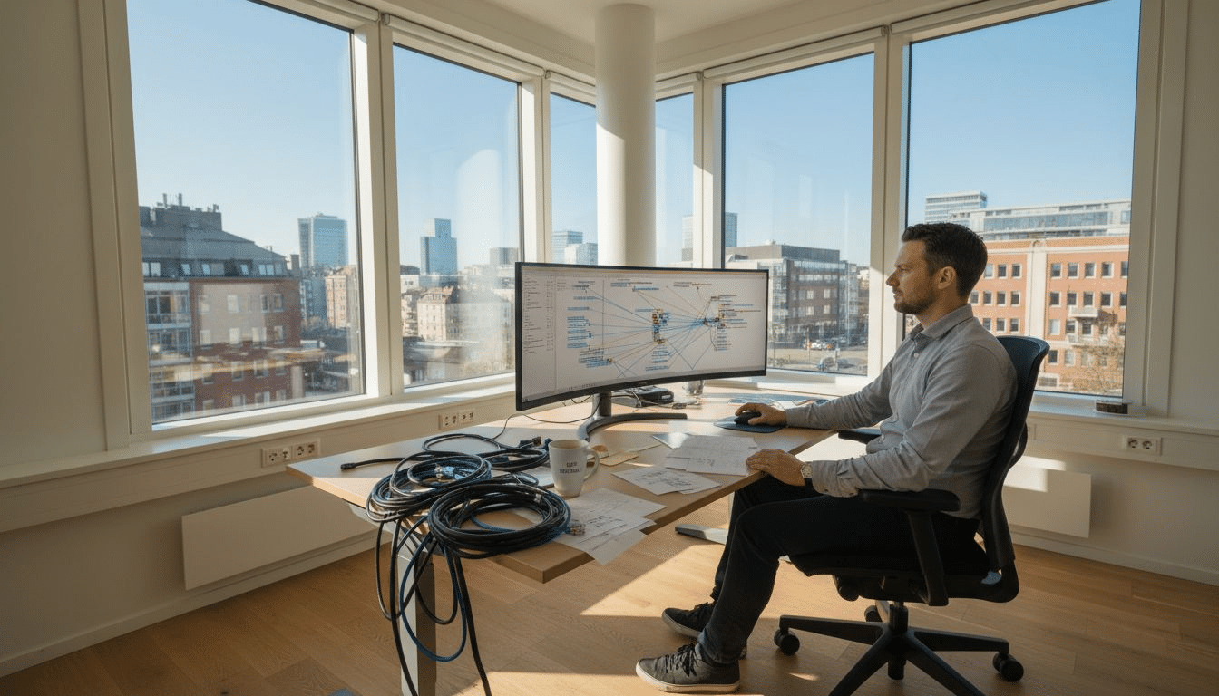 Man arbetar vid dator i kontor