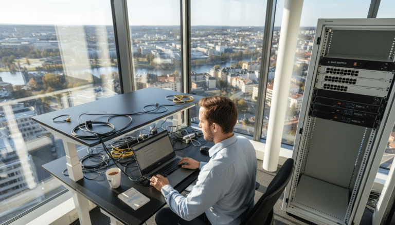 Man arbetar vid ett skrivbord högt upp