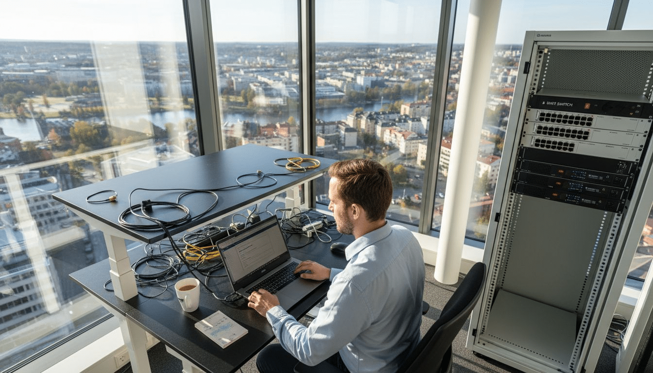 Man arbetar vid ett skrivbord högt upp