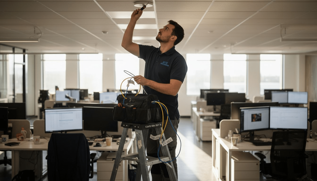 Man installerar belysning på stege