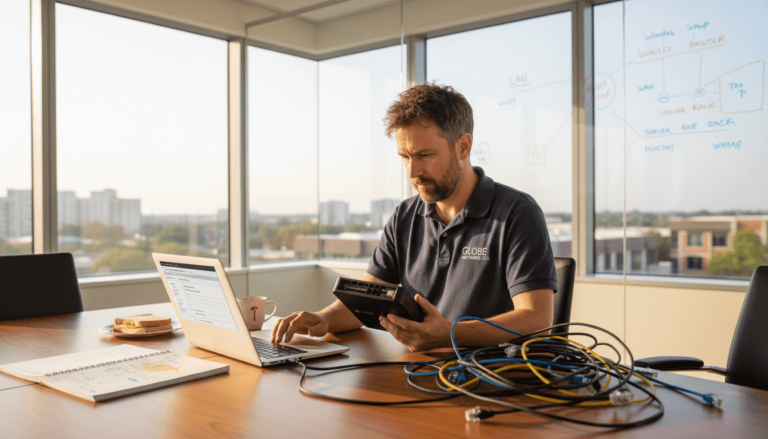 IT manager configuring WiFi in SME office
