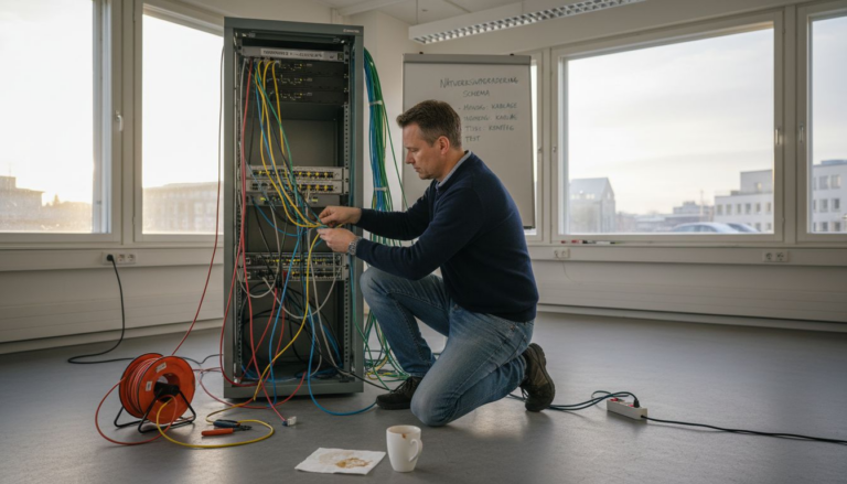 En IT-tekniker drar och kopplar in flera nätverkskablar.