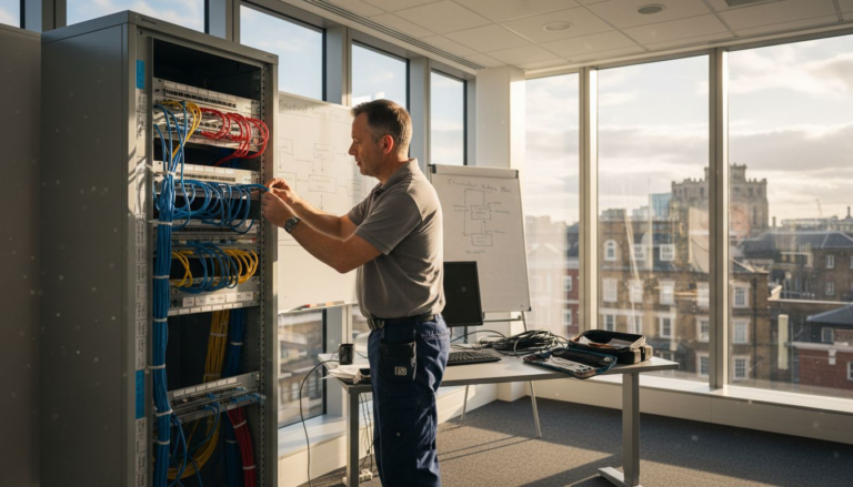 Technician labeling network cables in office