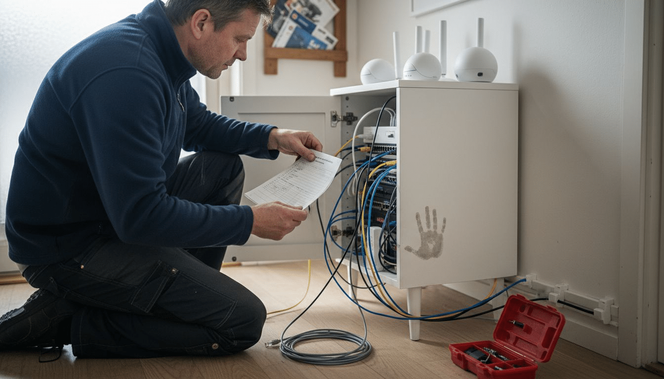 Man arbetar med kablar och utrustning