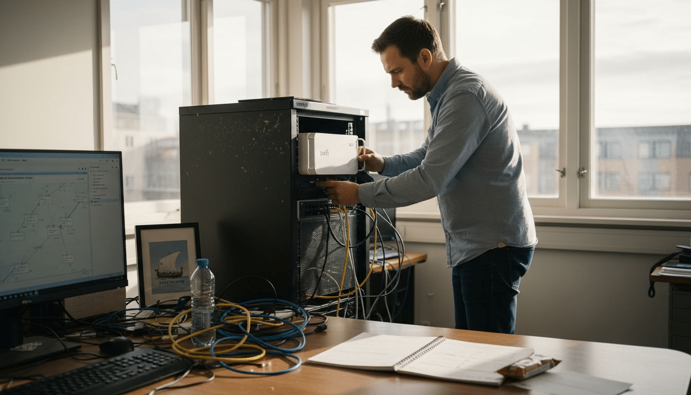 Man installerar utrustning i server