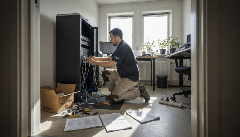 Tekniker arbetar med kablar och utrustning