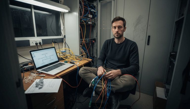 Man sitter med kablar och dator.