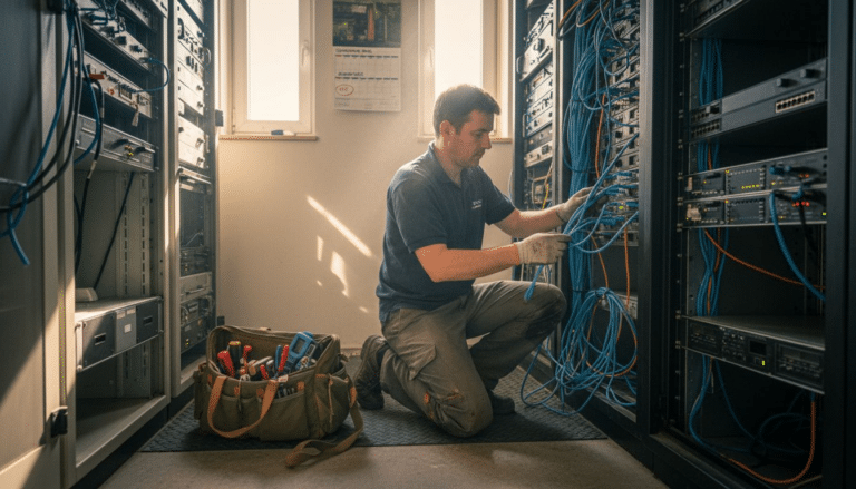 Tekniker arbetar med servrar och kablar