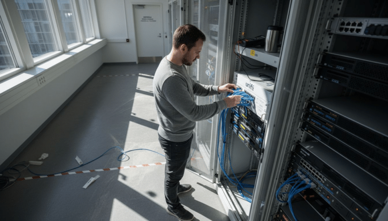 Man kopplar kablar i serverrum.