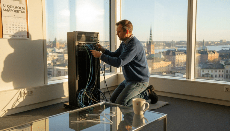 Man installerar nätverksutrustning i kontor
