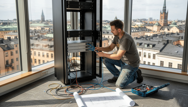 Tekniker installerar utrustning i serverrum