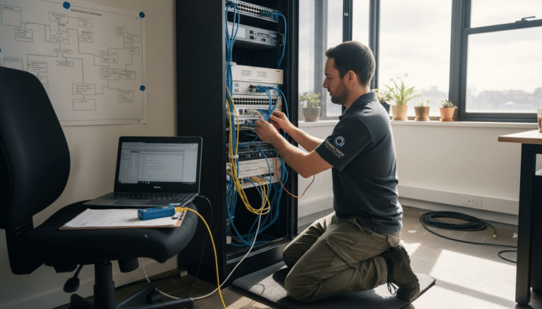 Man arbetar med nätverksutrustning