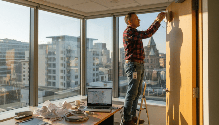 Man installerar något i kontor