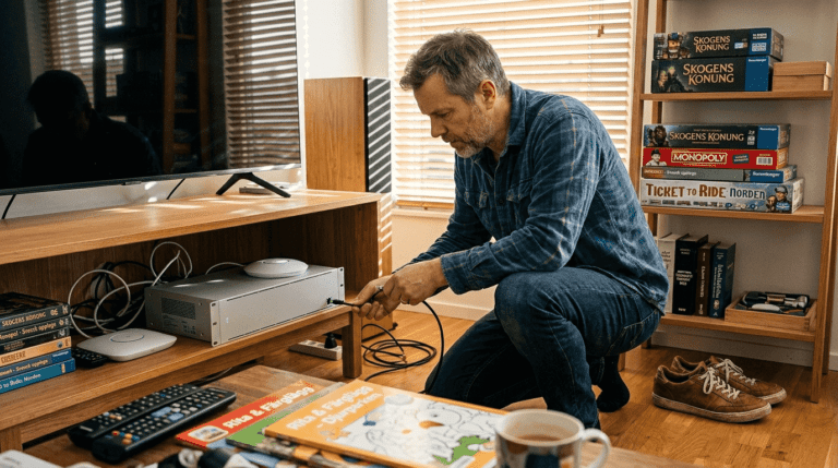 Man installerar router i vardagsrum