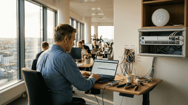 Man arbetar vid dator i kontor