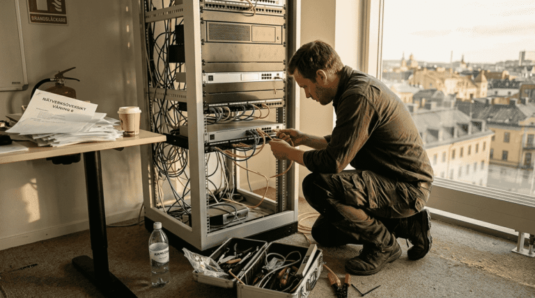 Nätverkstekniker arbetar med serverrack.