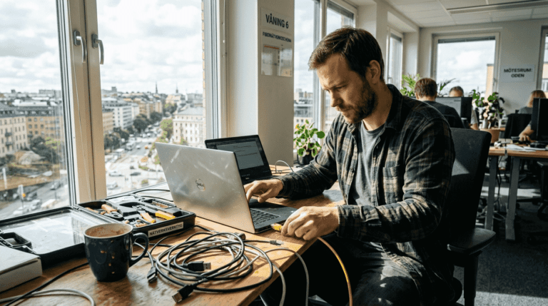 Man arbetar vid skrivbord med dator.