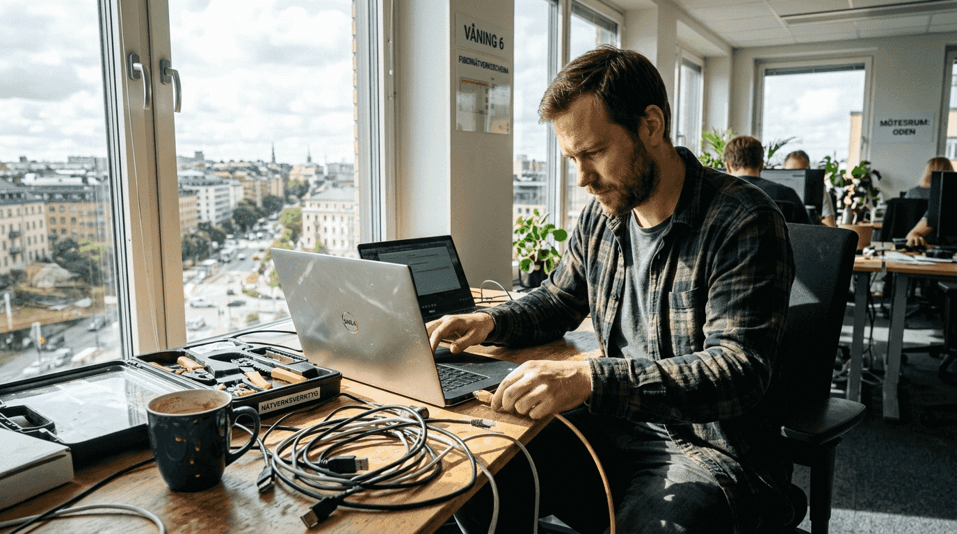 Man arbetar vid skrivbord med laptop.