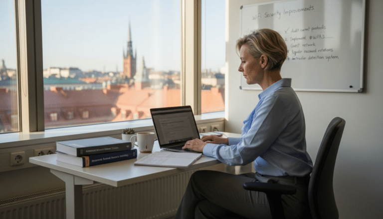 Kvinna arbetar vid skrivbord med laptop.