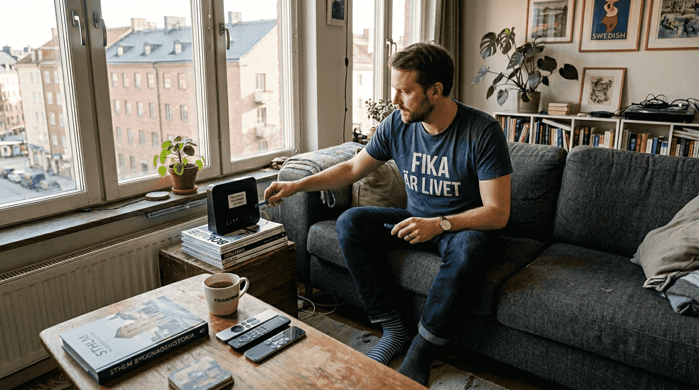 Man installerar wifi i lägenhet