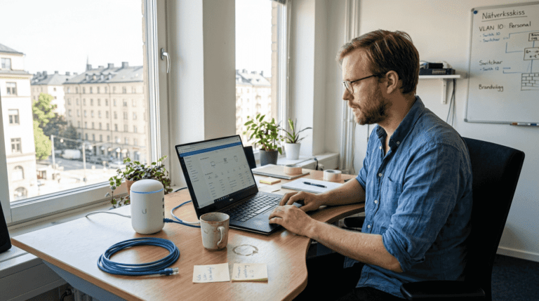 Tekniker arbetar vid dator i kontor