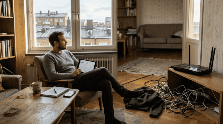 Man sitter med surfplatta i vardagsrum