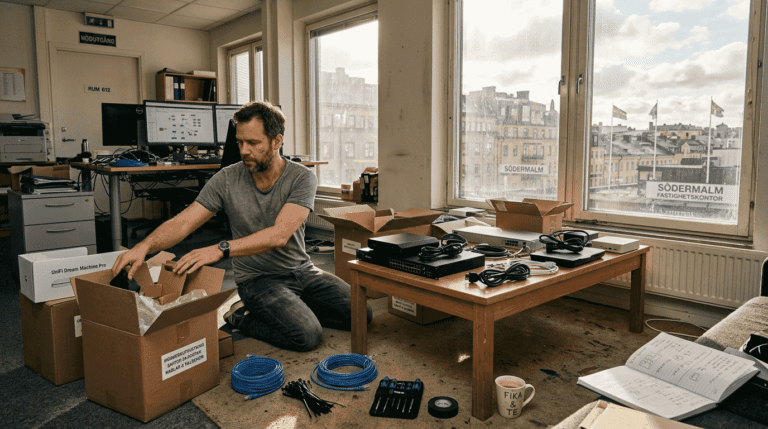 Tekniker förbereder utrustning i kontor