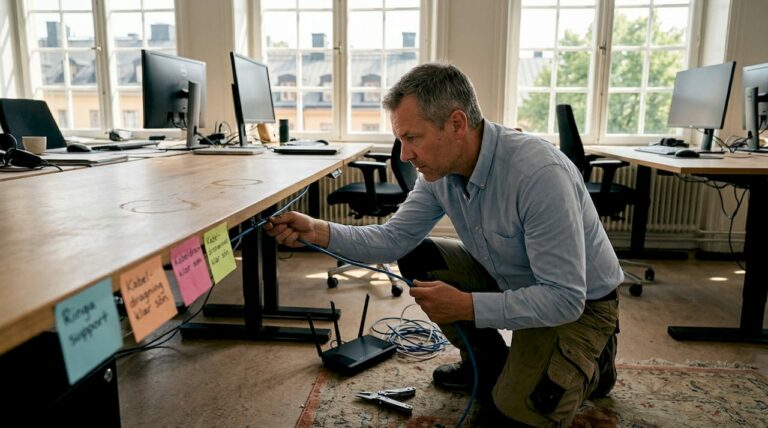 Tekniker installerar nätverkskabel på kontor.