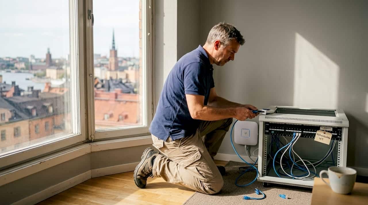 Tekniker installerar wifi i kontor.