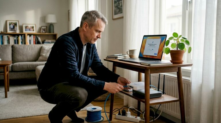 Man installerar wifi hemma med utrustning.