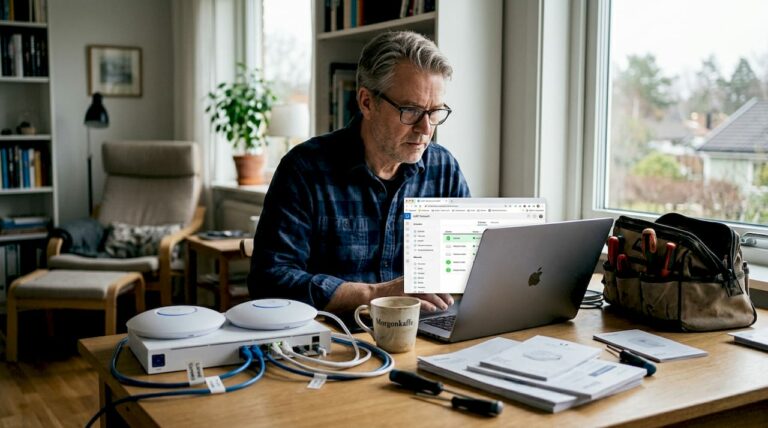 Man arbetar med nätverksinstallation hemma.