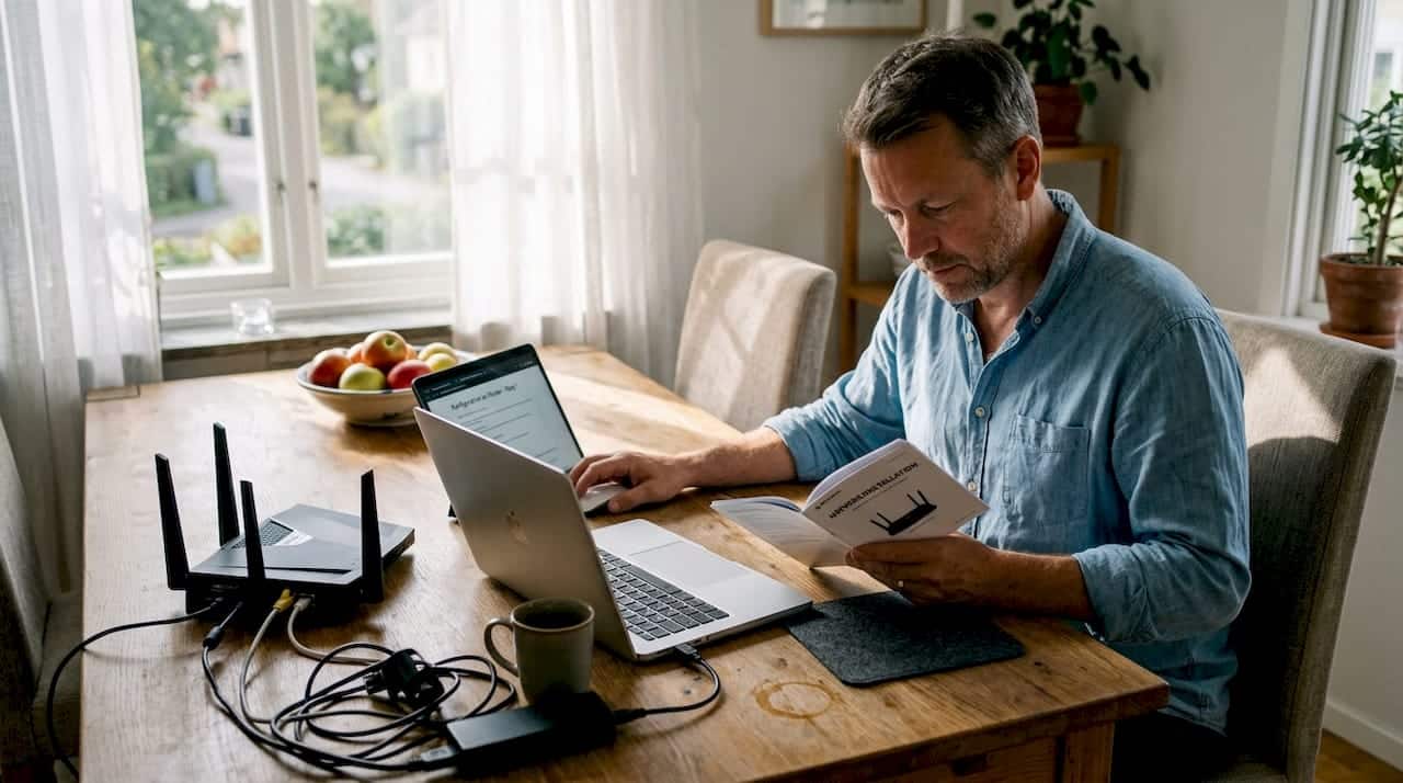 Man arbetar med nätverksinstallation hemma.