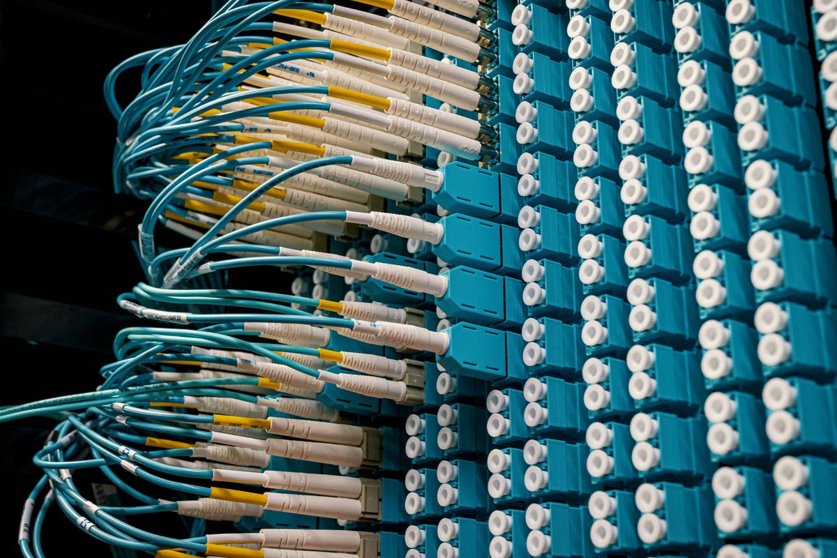Blå nätverkskablar och patchpanel i ett professionellt installerat datanät